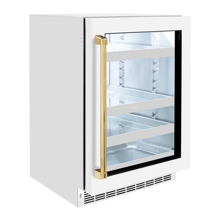 ZLINE Autograph 24″ Touchstone 151 Can Beverage Fridge with White Matte Glass Door and Polished Gold Handle, RBSOZ-WM-24-G