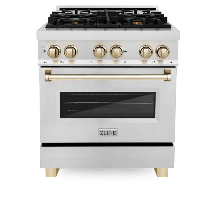 ZLINE Autograph 30″ 4.0 cu. ft. Legacy Dual Fuel Range with 4 Burner Gas Cooktop and Electric Convection Oven in Satin Stainless Steel and Polished Gold Accents, RASZ-SN-30-G