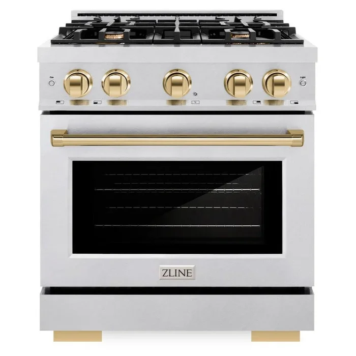 ZLINE Autograph 30″ 4.2 cu. ft. Select Gas Range with 4 Burner Cooktop and Convection Gas Oven in Satin Stainless Steel and Polished Gold Accents, HGRSZ-30-G