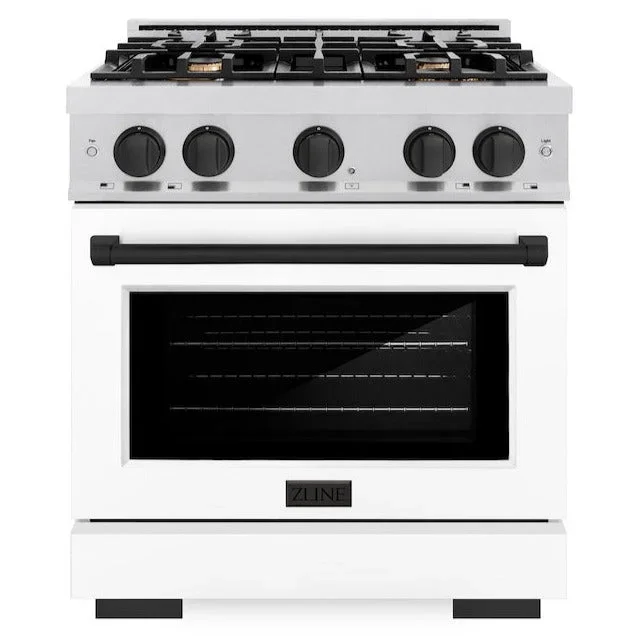 ZLINE Autograph 30″ 4.2 cu. ft. Select Gas Range with 4 Burner Cooktop and Convection Gas Oven in Satin Stainless Steel with White Matte Door and Matte Black Accents, HGRSZ-WM-30-MB