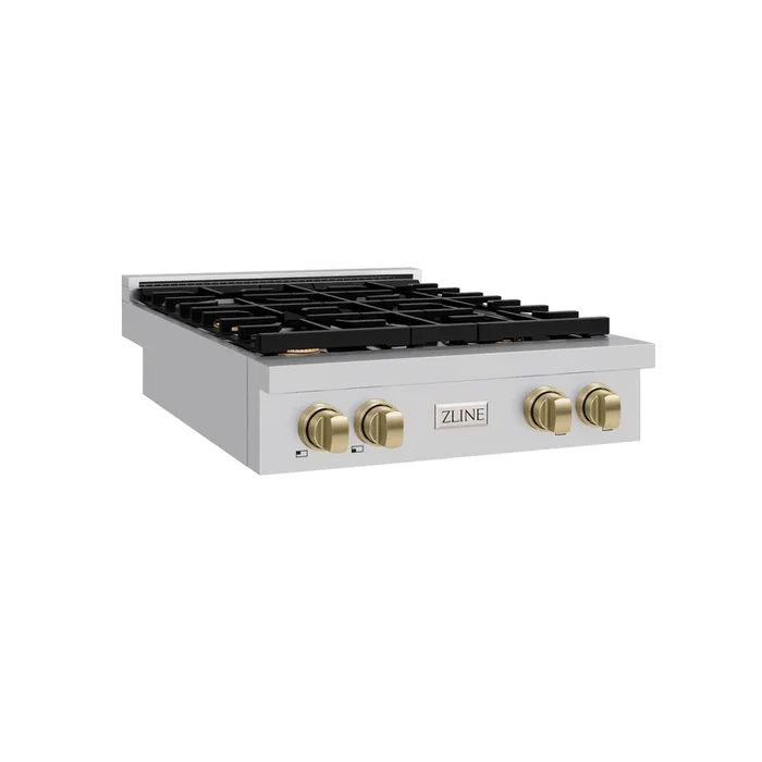 ZLINE Autograph 30″ Paramount Gas Rangetop with 4 Burners and Porcelain Cooktop in Stainless Steel with Champagne Bronze Accents, SRTZ-30-CB