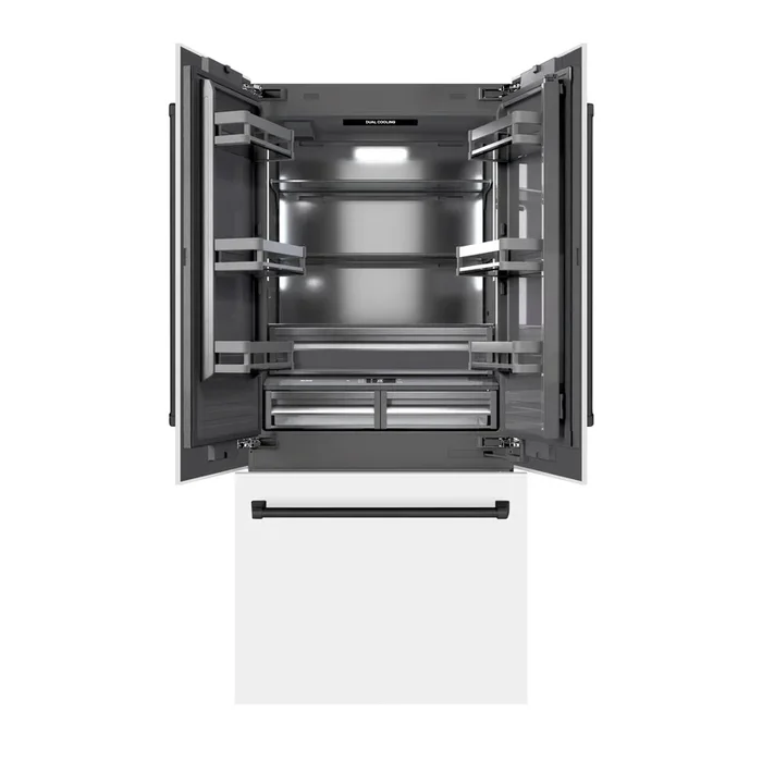ZLINE Autograph 36″ 19.6 cu. ft. French Door Built-In Bottom Freezer Refrigerator with Water Dispenser and Ice Maker in White Matte with Graphite Gray Interior and Matte Black Accents, GRBIVZ-WM-36-MB