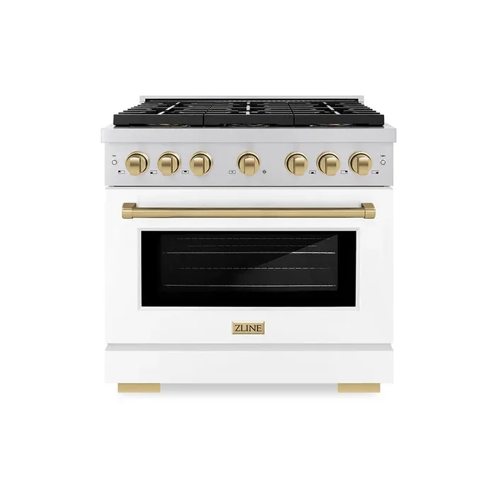 ZLINE Autograph 36″ 5.2 cu. ft. Paramount Dual Fuel Range with 6 Burner DuoPro™ Cooktop and Electric Convection Oven with White Matte Door and Champagne Bronze Accents, PSDRZ-WM-36-CB