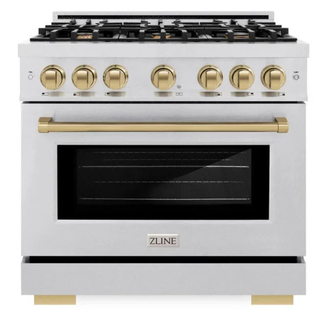 ZLINE Autograph 36″ 5.2 cu. ft. Select Dual Fuel Range with 6 Burner Gas Cooktop and Electric Convection Oven in Satin Stainless Steel with Champagne Bronze Accents, HDRSZ-36-CB