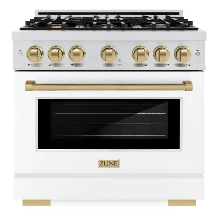 ZLINE Autograph 36″ 5.2 cu. ft. Select Dual Fuel Range with 6 Burner Gas Cooktop and Electric Convection Oven in Satin Stainless Steel with White Matte Door and Champagne Bronze Accents, HDRSZ-WM-36-CB