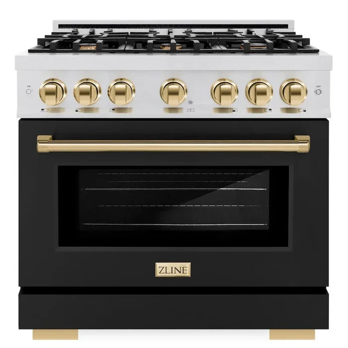 ZLINE Autograph 36″ 5.2 cu. ft. Select Gas Range with 6 Burner Cooktop and Convection Gas Oven in Satin Stainless Steel with Black Matte Door and Polished Gold Accents, HGRSZ-BLM-36-G