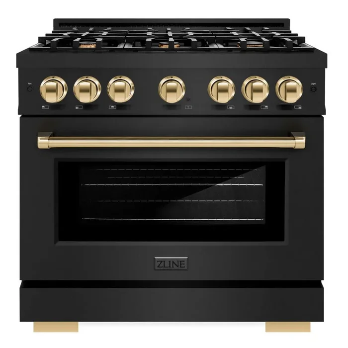 ZLINE Autograph 36″ 5.2 cu. ft. Select Gas Range with 6 Burners in Black Stainless Steel and Polished Gold Accents, HGRBZ-36-G