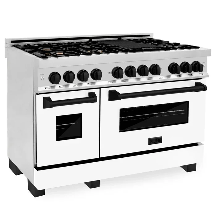 ZLINE Autograph 48″ 6.0 cu. ft. Dual Fuel Range with White Matte Door and Black Matte Accents, RAZ-WM-48-MB