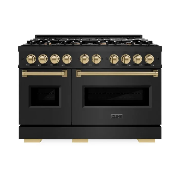 ZLINE Autograph 48″ 6.7 cu. ft. Classic Double Oven Dual Fuel Range with 8 Burners in Black Stainless Steel and Champagne Bronze Accents, CDRBZ-48-CB