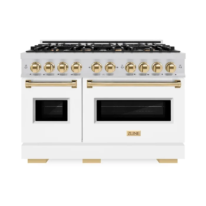 ZLINE Autograph 48″ 6.7 cu. ft. Classic Double Oven Dual Fuel Range with 8 Burners in Stainless Steel with White Matte Door and Polished Gold Accents, CDRZ-WM-48-G