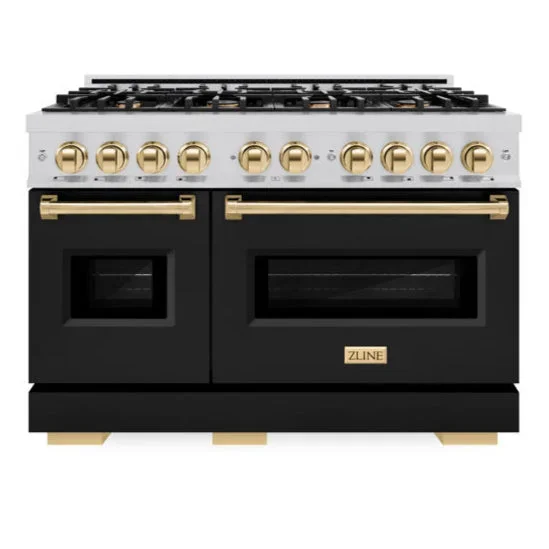 ZLINE Autograph 48″ 6.7 cu. ft. Classic Double Oven Gas Range with 8 Burners in Stainless Steel with Black Matte Doors and Polished Gold Accents, CGRZ-BLM-48-G