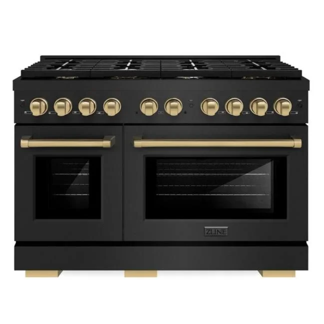 ZLINE Autograph 48″ 6.7 cu. ft. Paramount Double Oven Dual Fuel Range with 8 Burners in Black Stainless Steel and Champagne Bronze Accents, SDRBZ-48-CB