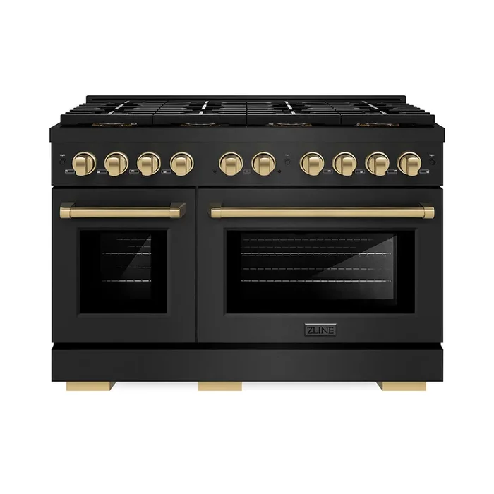 ZLINE Autograph 48″ 6.7 cu. ft. Paramount Gas Range with 8 Burner DuoPro™ Cooktop and Dual Ovens in Black Stainless Steel and Champagne Bronze Accents, PSGRBZ-48-CB