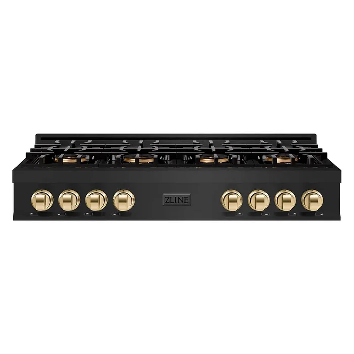 ZLINE Autograph 48″ Classic Gas Rangetop with 8 Burner DuoPro™ Cooktop in Black Stainless Steel and Polished Gold Accents, PCRTBZ-48-G