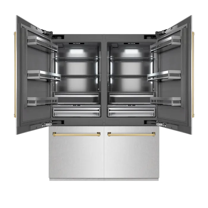 ZLINE Autograph 60″ 32.2 cu. ft. French Door Built-In Bottom Freezer Refrigerator with Water Dispenser and Ice Maker in Satin Stainless Steel with Graphite Gray Interior and Polished Gold Accents, GRBIVZ-SN-60-G