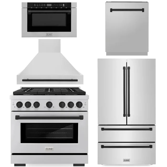 ZLINE Autograph Appliance Package – 36″ Dual Fuel Range, Range Hood, 36″ Refrigerator with Ice Maker, 24″ Microwave Drawer and Dishwasher in Stainless Steel with Matte Black Accents