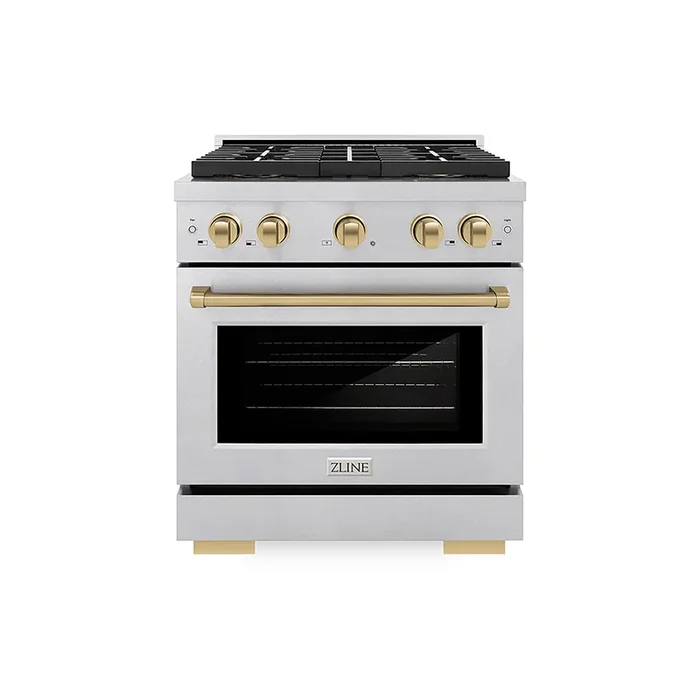 ZLINE Autograph Edition 30″ 4.2 cu. ft. Paramount Gas Range with 4 Burner DuoPro™ Cooktop and Convection Gas Oven in Satin Stainless Steel and Champagne Bronze Accents, PSGRSZ-30-CB