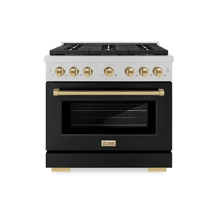 ZLINE Autograph Edition 36″ 5.2 cu. ft. Paramount Dual Fuel Range with 6 Burner DuoPro™ Cooktop and Electric Convection Oven in Satin Stainless Steel with Black Matte Door and Champagne Bronze Accents, PSDRSZ-BLM36-CB
